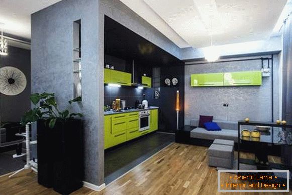 Interior design di un monolocale con una cucina combinata