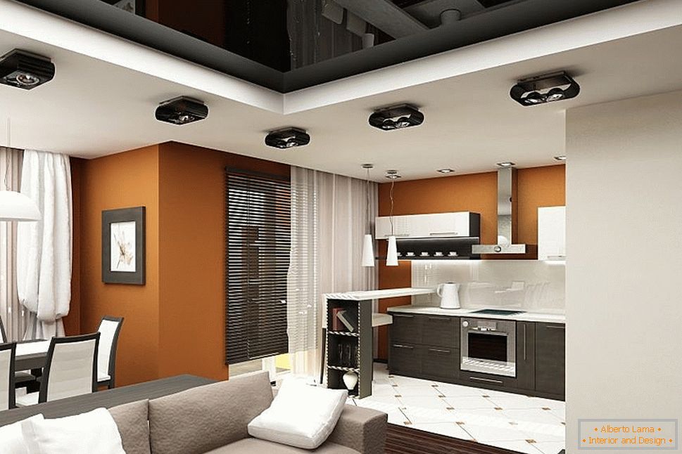 Il design del soffitto del soggiorno nel monolocale