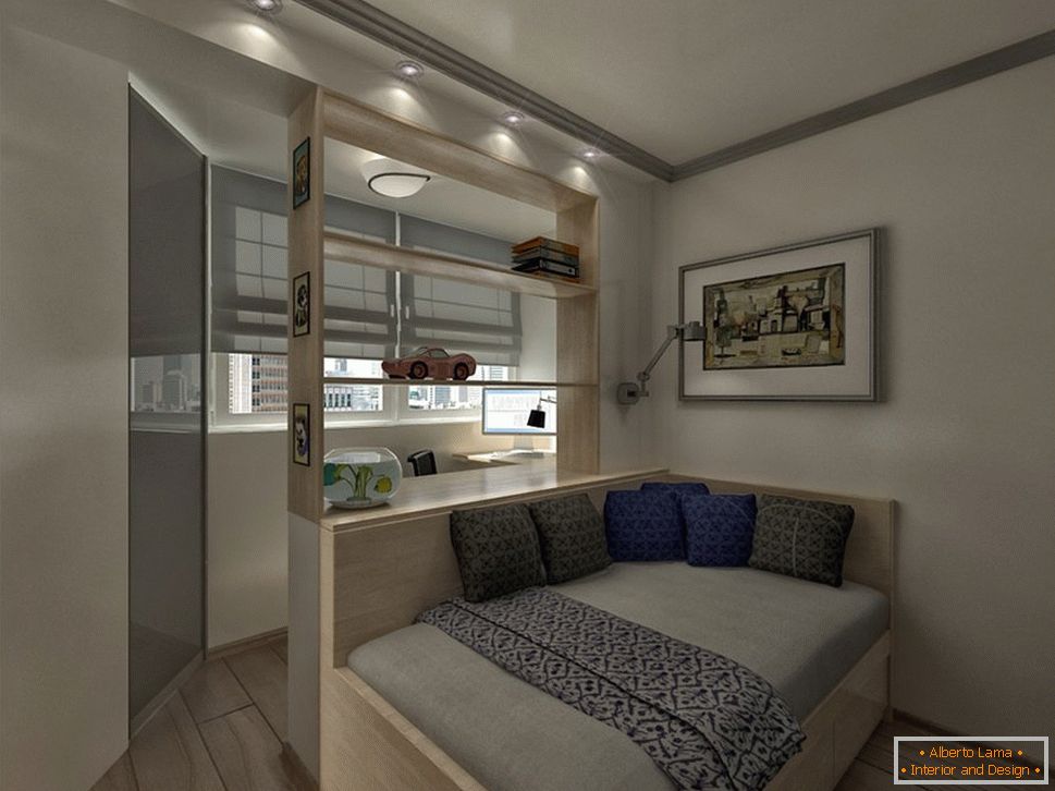 Camera da letto-soggiorno di 18 mq con una loggia