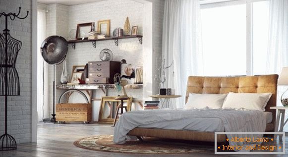 Camera da letto vintage con letto in pelle