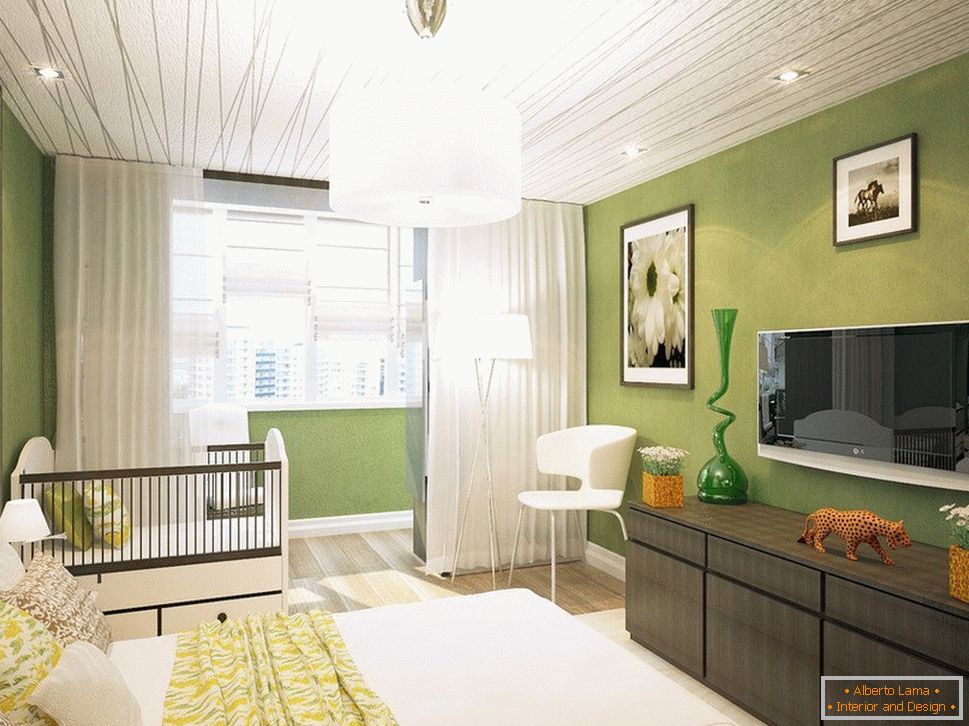 Camera da letto verde chiaro con uscita sul balcone
