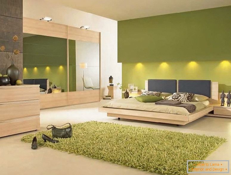 Interno camera da letto nei colori verde с подсветкой 