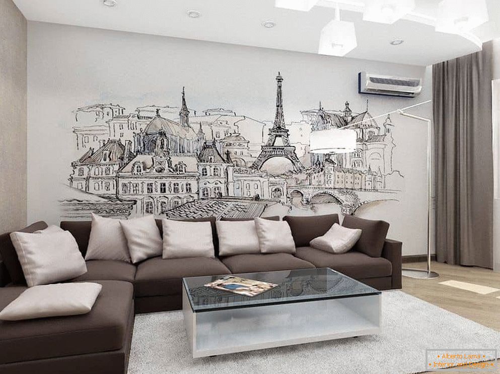 Design del soggiorno con decorazione murale