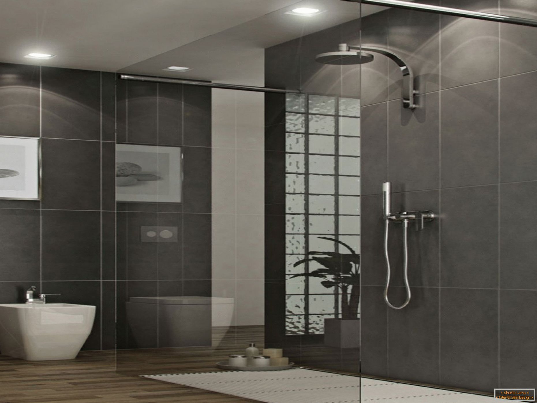 Grande bagno con pareti nere e pavimento beige