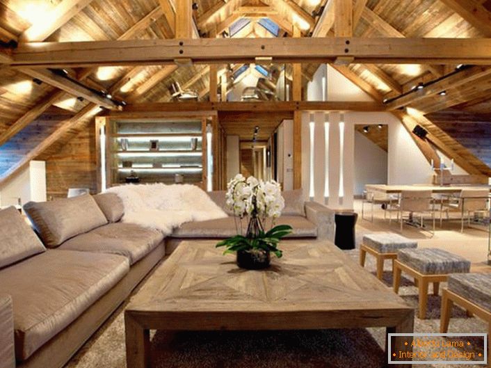 Il piano attico è un'enorme camera per gli ospiti, decorata nello stile di uno chalet.