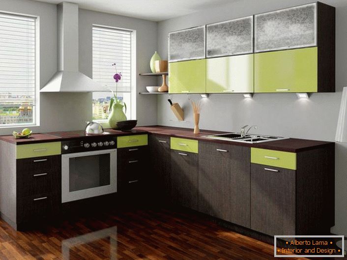 Il colore del wenge è combinato con successo con un colore verde pallido. Questa armonia cromatica si adatta con successo alla decorazione della cucina.
