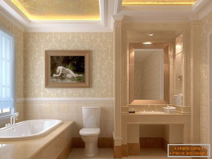 La modanatura dello stucco è un elemento armonioso degli interni in stile Art Nouveau. I soffitti a due livelli sono dotati della corretta illuminazione. La striscia LED, che emette luce calda e gialla, rende l'atmosfera romantica nel bagno.