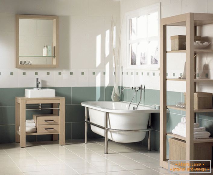 Mobili in legno - una soluzione eccellente per il bagno in stile Art Nouveau. I colori vivaci aiutano a rilassare e rilassare i padroni di casa e i loro ospiti.