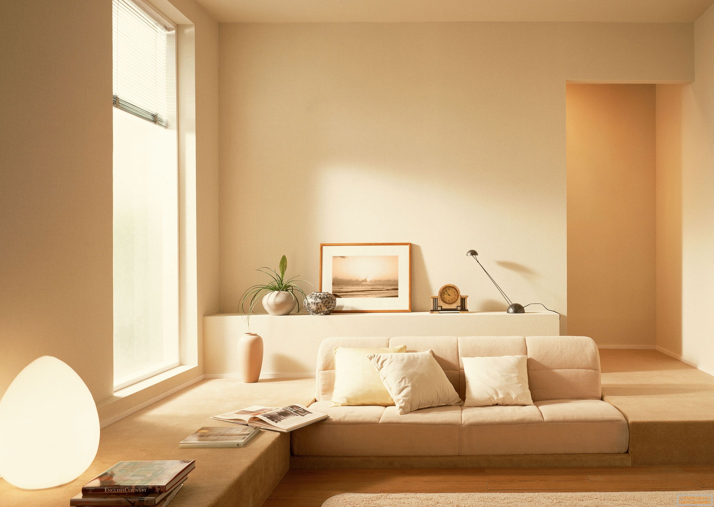 In conformità con lo stile del minimalismo, è stata utilizzata una tonalità beige calma per organizzare l'interno del soggiorno.