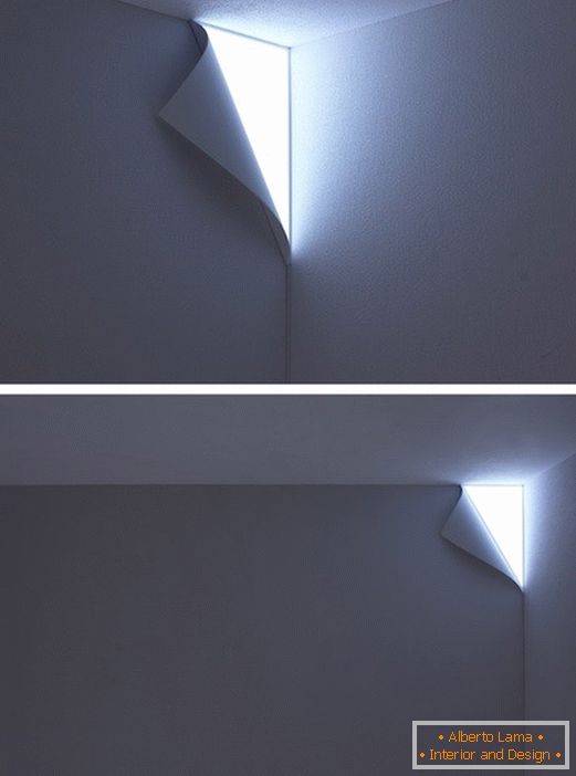 Apparecchio d'illuminazione nel muro sotto forma di un bordo piegato di carta