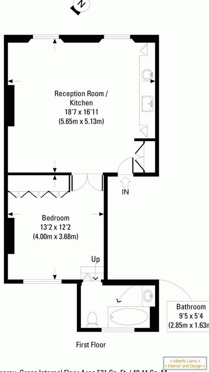 La disposizione dell'appartamento monolocale in stile moderno