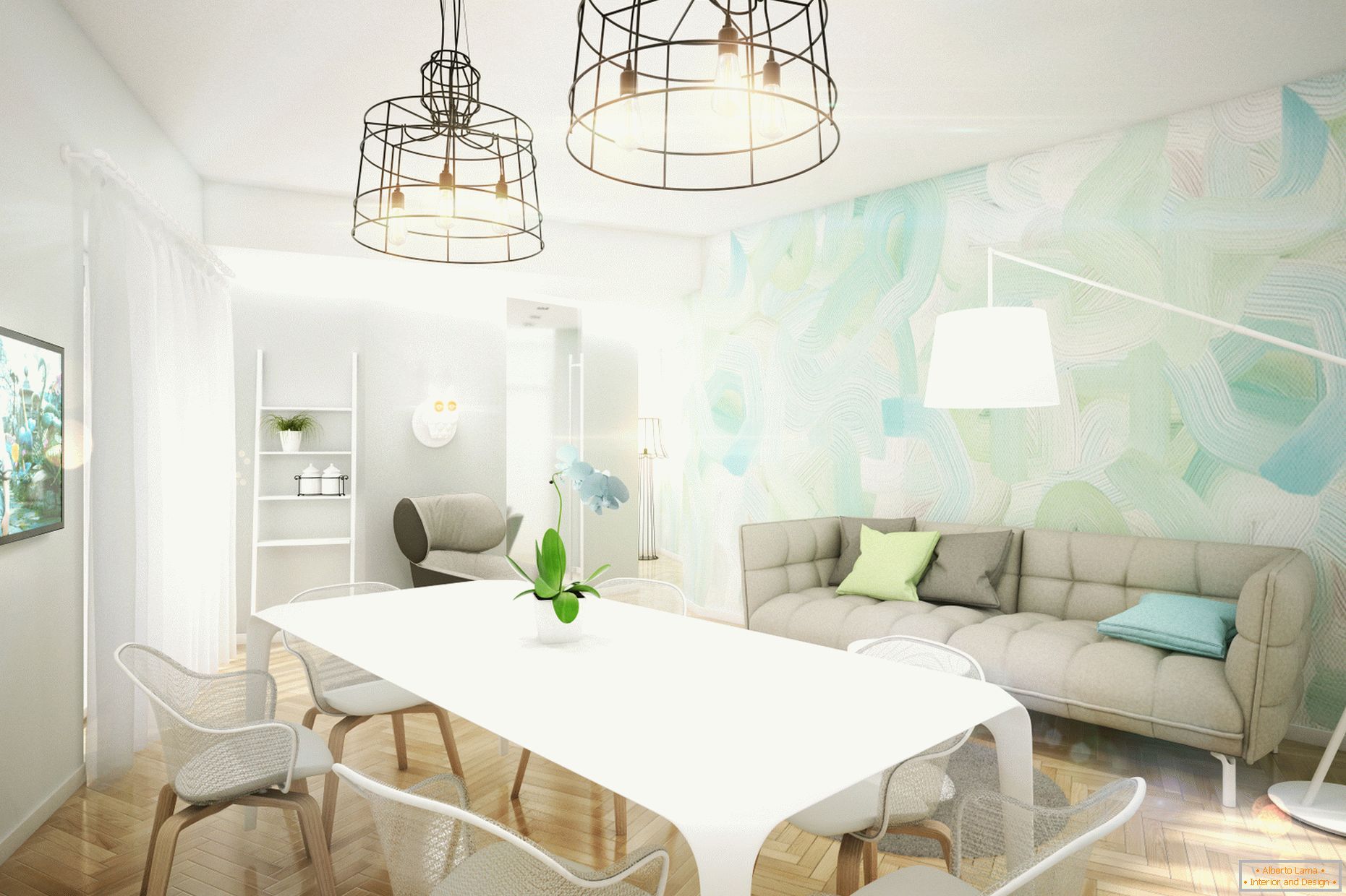 Appartamento di design in colori pastello: soggiorno