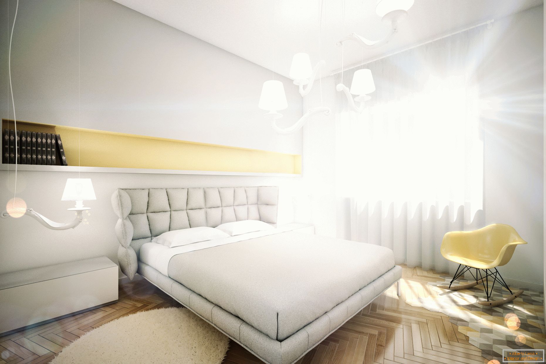 Appartamento di design in colori pastello: camera da letto