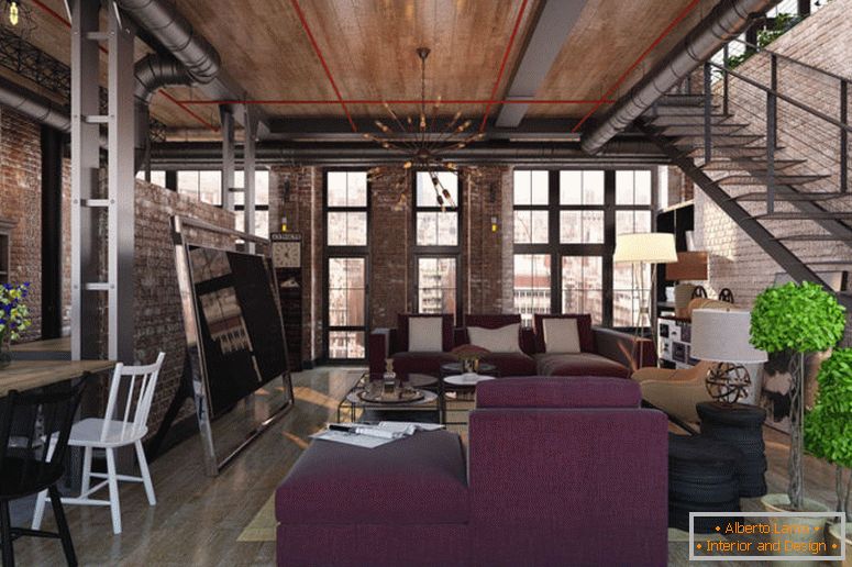 grande-living-in-stile loft con scaletta
