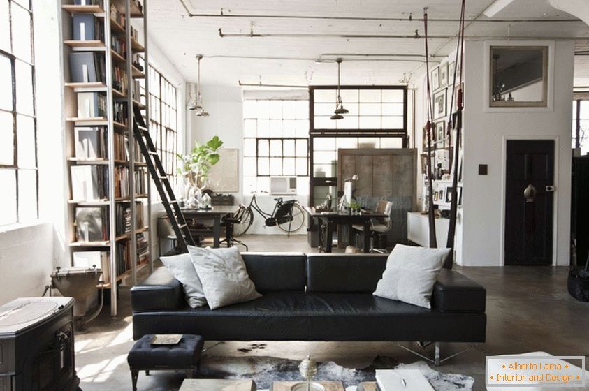 Lounge design in bianco e nero in stile loft