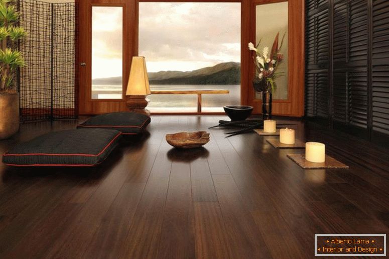 fresco-scuro-parquet-con-ottomana-per-soggiorno-stile giapponese-arredato-pianta-naturale-e-lampadario-lampada-come-decorazione soffitto-design-fantastico-giappone interior-design interior-design -Scuole-how