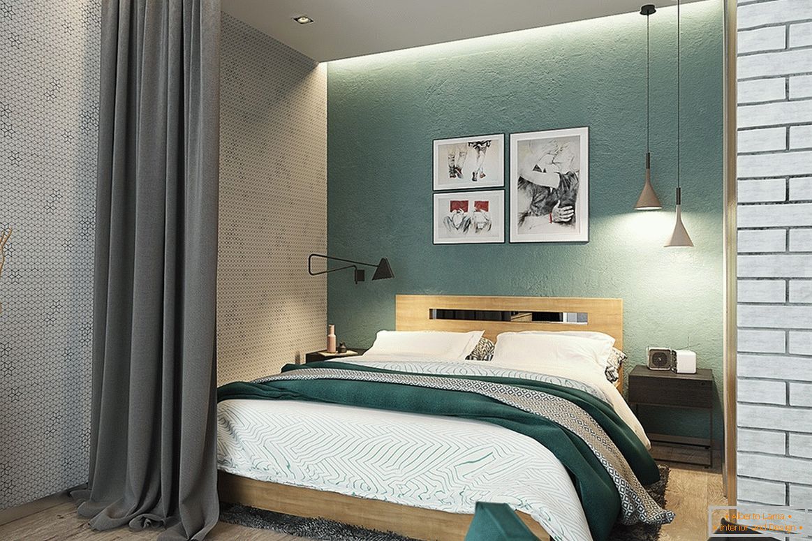Registrazione di una piccola camera da letto in colore grigio-verde