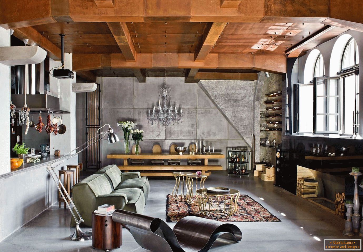 soffitto с балками в интерьере в индустриальном стиле