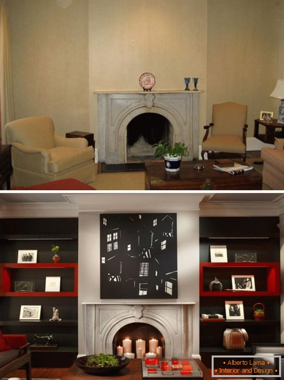 Design del soggiorno con camino prima e dopo
