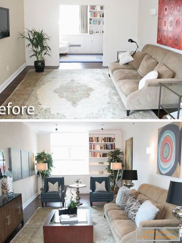 Foto del soggiorno in una casa privata prima e dopo