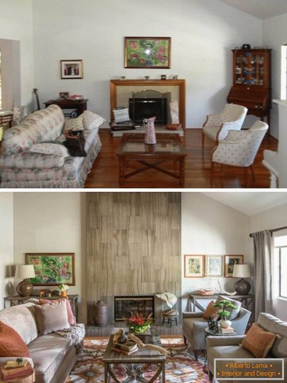 Accogliente soggiorno con camino interior design foto prima e dopo