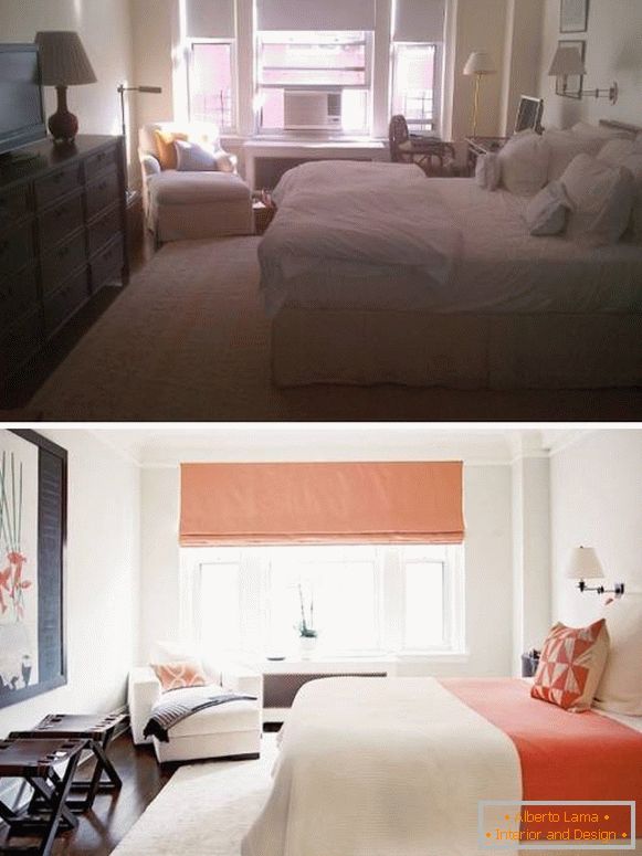 Nuovo design della camera da letto luminosa prima e dopo le foto