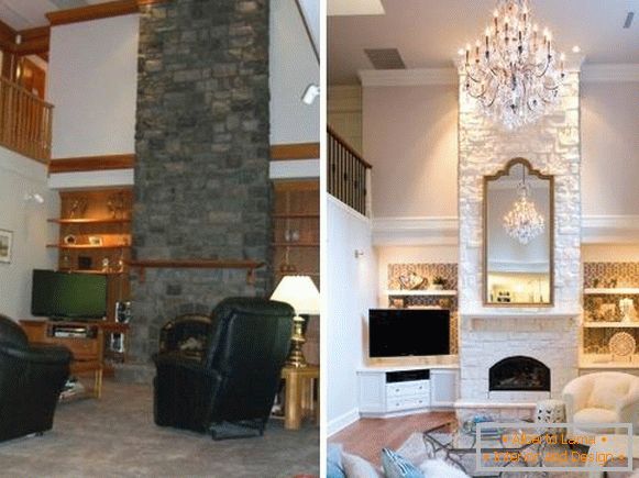 Il design elegante del soggiorno con soffitti alti prima e dopo