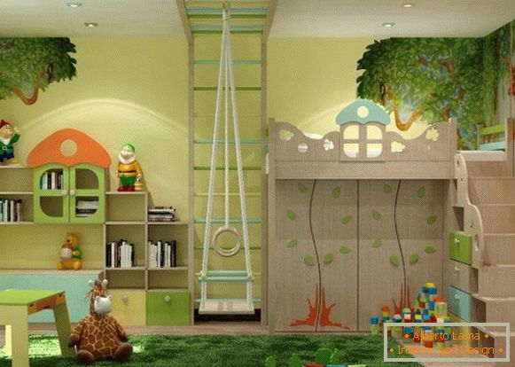 interno con un tema naturale di una stanza per bambini per una ragazza di 3 anni
