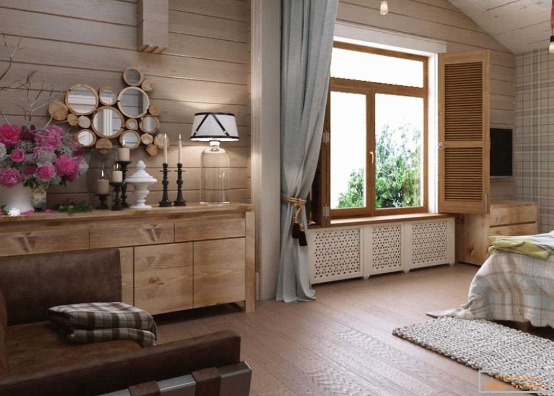 Camera da letto in una casa fatta di legname