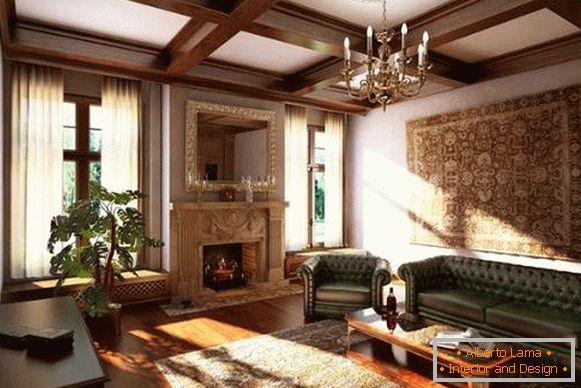 Interno del soggiorno con camino in una casa privata - stile classico