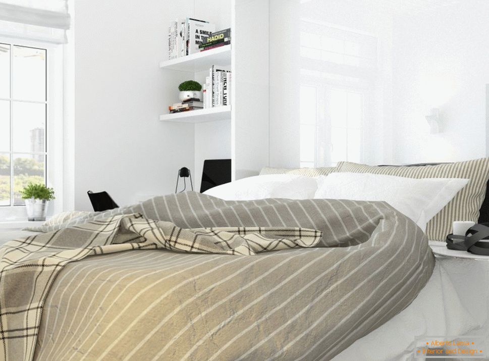 Interior design di una camera da letto nello stile del minimalismo bianco