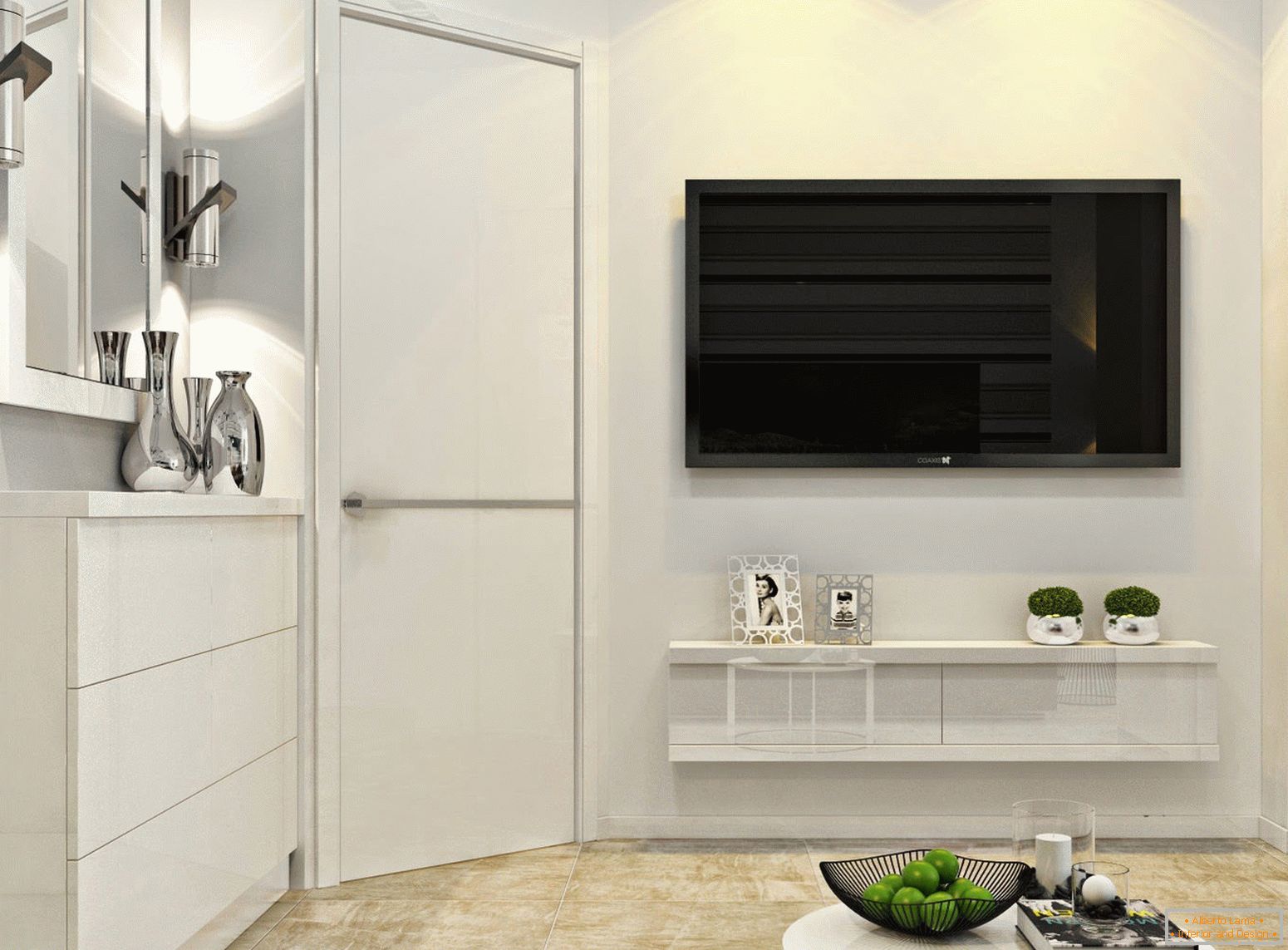 TV sul muro all'interno del minimalismo bianco