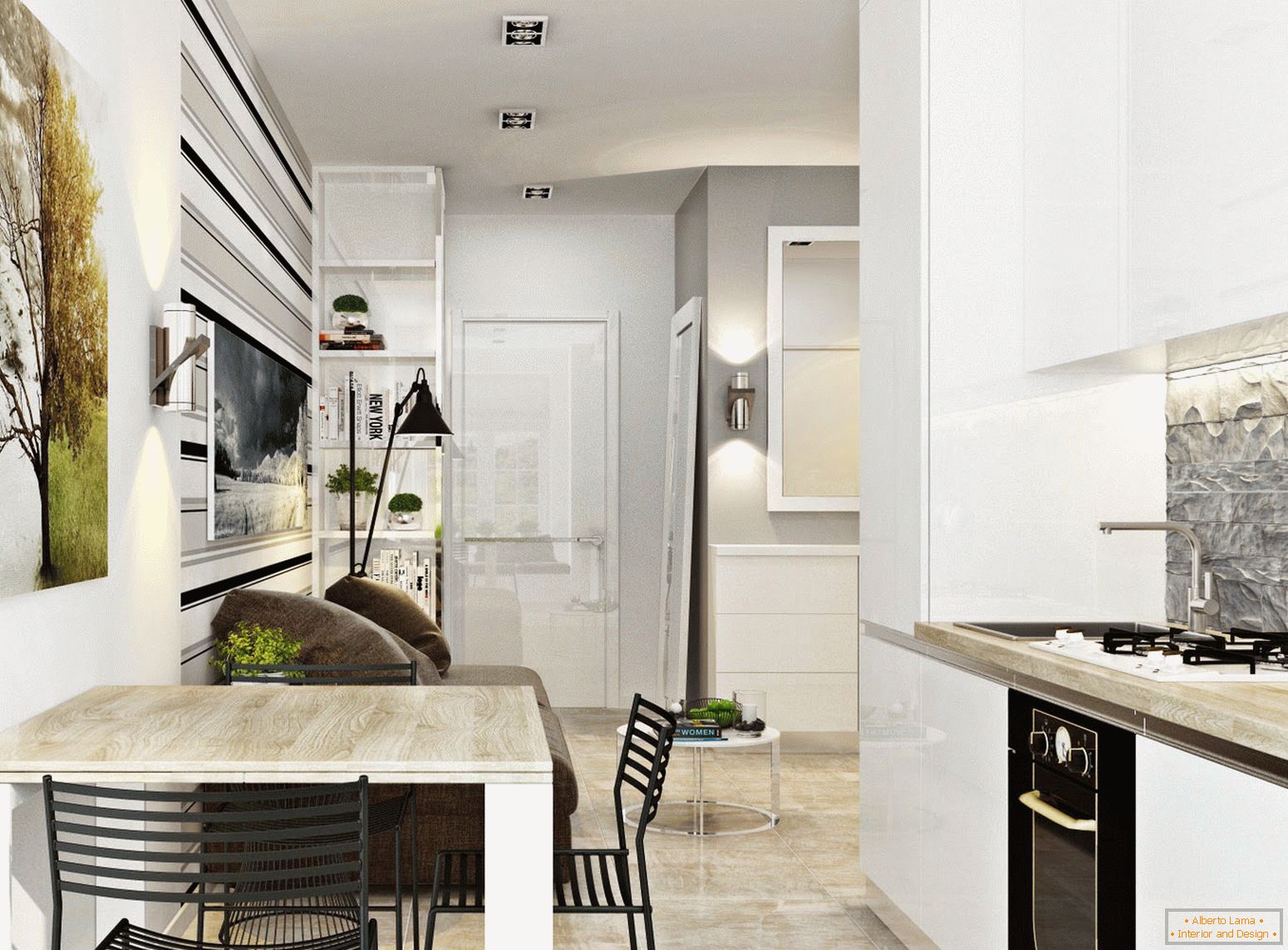 Interno della cucina e della sala da pranzo nello stile del minimalismo bianco