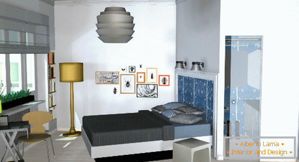 Interno di un piccolo appartamento: una camera da letto con spogliatoio