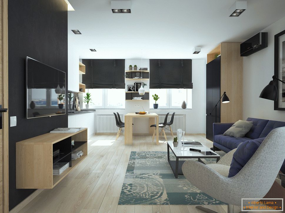 Interno di un piccolo appartamento a colori contrastanti - гостиная и столовая