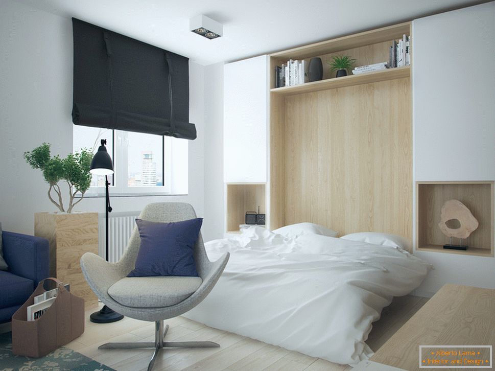 Interno di un piccolo appartamento a colori contrastanti - спальня
