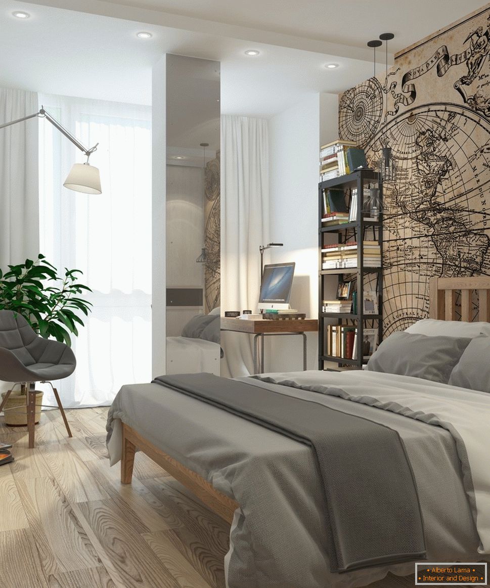 Interno di un piccolo appartamento in toni di grigio - спальня