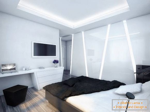 Interno futuristico della camera da letto in stile high-tech