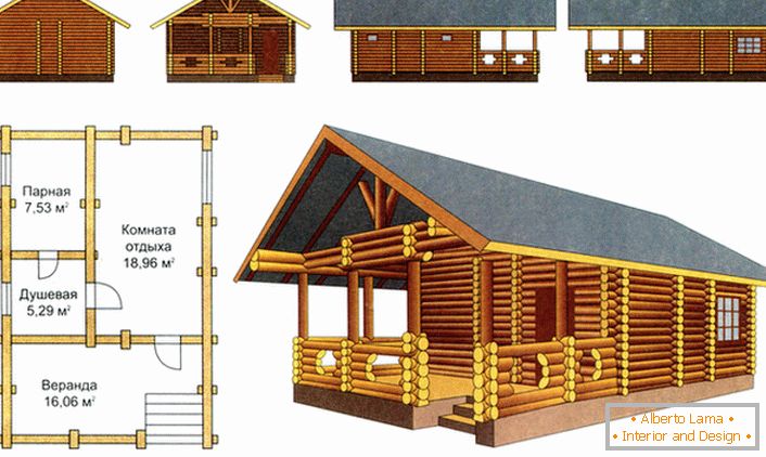 Un interessante progetto di una capanna di legno con un pergolato sotto lo stesso tetto.