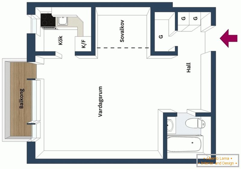 La disposizione di un monolocale con una camera da letto sotto il soffitto