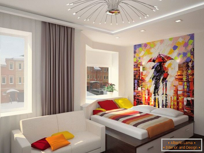 Design creativo della camera da letto in stile Art Nouveau. L'uso di colori brillanti e succosi rende la stanza davvero accogliente e calda.