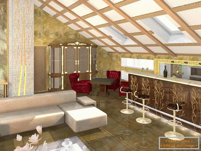 Progetto di progetto progettato correttamente per gli ospiti in stile Art Nouveau. Un minimo di mobili, colori contrastanti nella migliore tradizione di stile.