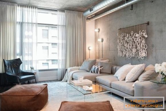Layout del soggiorno in un appartamento in stile loft