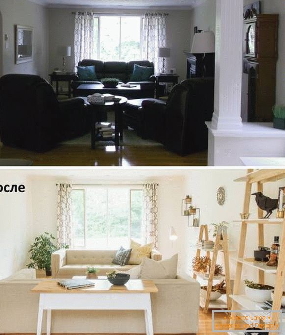 Disposizione dei mobili nel soggiorno prima e dopo il turno