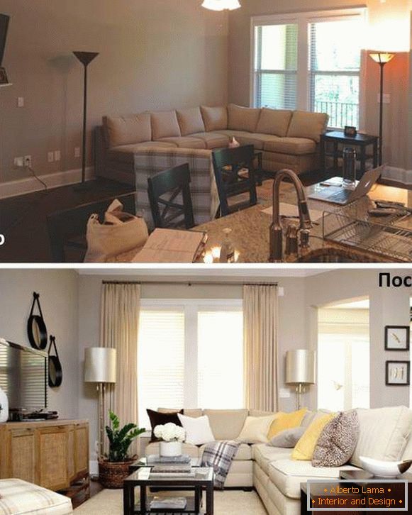 Varianti di disposizione dei mobili in un salotto su una foto prima e dopo