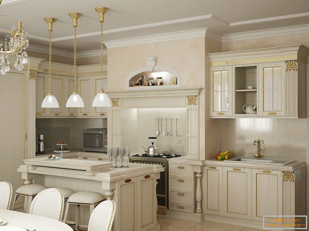 Cucina bianca con decorazione di facciata dorata