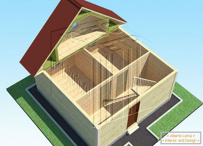 Una casa tipica con un attico, due piccole stanze al 1 ° piano e una spaziosa camera da letto al secondo.