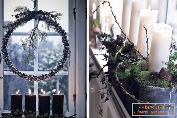 Decorazione natalizia di finestre - foto con materiali naturali