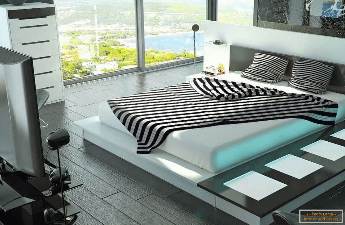 Camera da letto con un grande letto con illuminazione high-tech