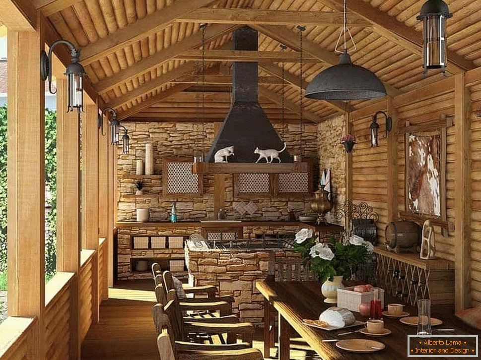 terrazza con cucina estiva in stile country